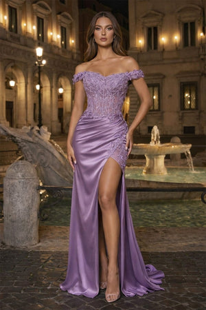 Burgundy Off The Shoulder Mermaid Beaded Satin Long Prom Dresses With Appliques – Prom Dress by KissProm | Available at KissProm