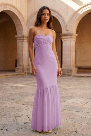 Yellow Strapless Sheath Chiffon Long Prom Dresses With Ruffles – Prom Dress by KissProm | Available at KissProm