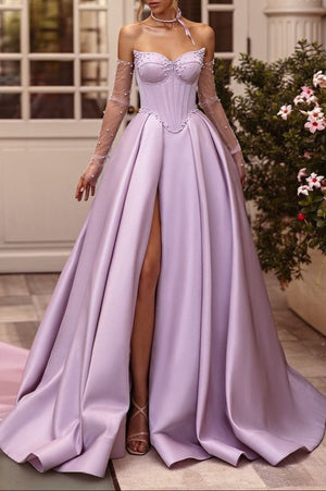 A-Line Lilac Sweetheart Satin Long Corset Prom Dress with Slit (Gloves are not Included) – Prom Dresses by KissProm | Available at KissProm