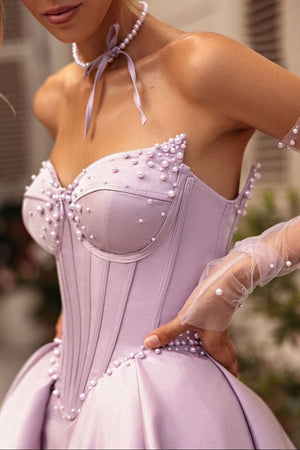 A-Line Lilac Sweetheart Satin Long Corset Prom Dress with Slit (Gloves are not Included) – Prom Dresses by KissProm | Available at KissProm
