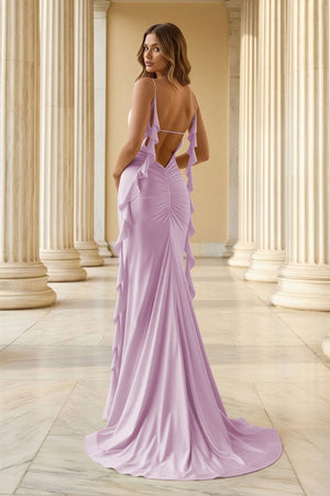Yellow Spaghetti Straps Mermaid Satin Ruffled Long Prom Dresses With Slit - KissProm