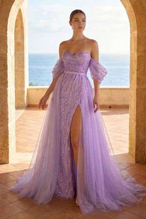 Sheath Sweetheart Prom Dresses Short Sleeve Detachable Sequined with Slit Overskirt