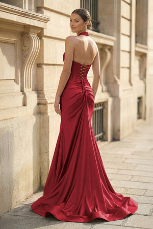 Mermaid Sage Halter Corset Long Prom Dress with Rosette Embellishment - KissProm