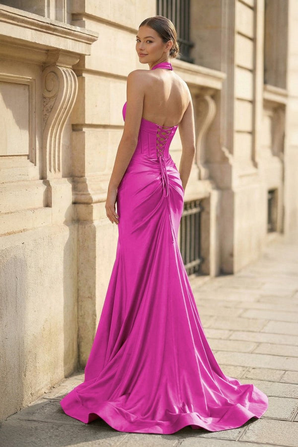 Mermaid Sage Halter Corset Long Prom Dress with Rosette Embellishment - KissProm