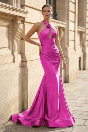 Mermaid Sage Halter Corset Long Prom Dress with Rosette Embellishment - KissProm