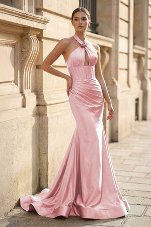 Mermaid Sage Halter Corset Long Prom Dress with Rosette Embellishment - KissProm