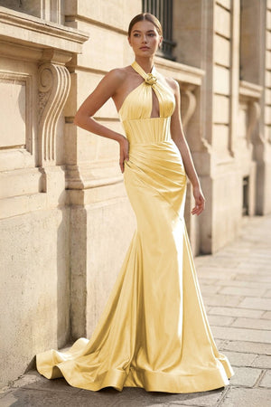 Mermaid Sage Halter Corset Long Prom Dress with Rosette Embellishment - KissProm