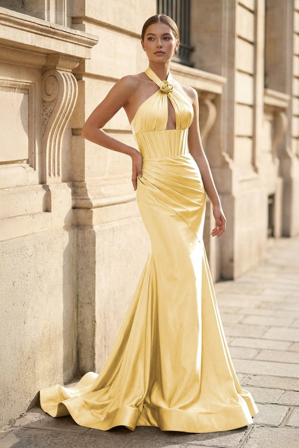 Mermaid Sage Halter Corset Long Prom Dress with Rosette Embellishment - KissProm