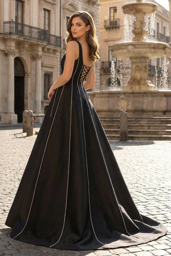 Black A - Line Straps Square Beads Pleated Long Prom Dress - KissProm