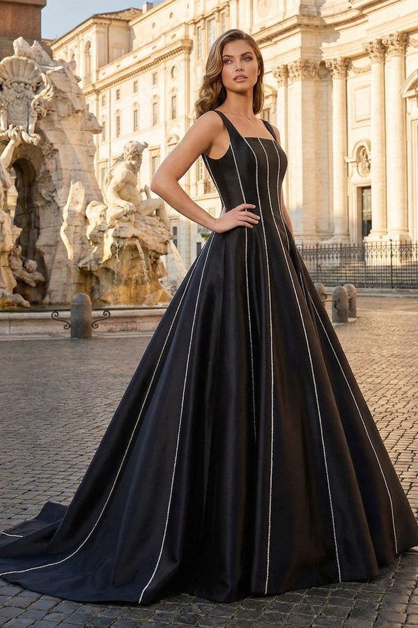 Black A - Line Straps Square Beads Pleated Long Prom Dress - KissProm