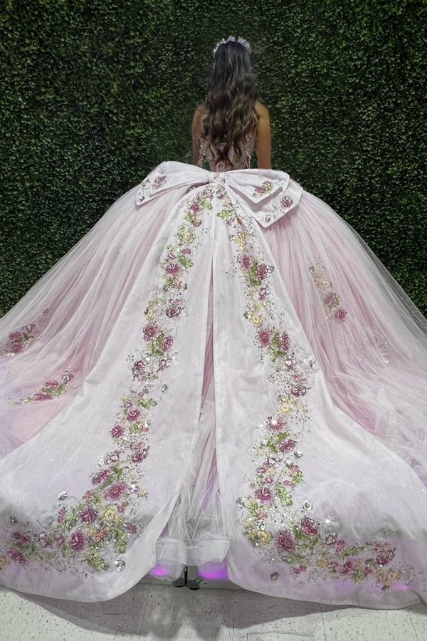 KissProm-Liore Pink Off-The-Shoulder Tulle Appliqued Quinceanera Dress With Bow