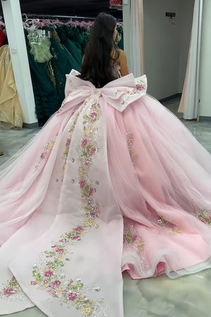 KissProm-Liore Pink Off-The-Shoulder Tulle Appliqued Quinceanera Dress With Bow