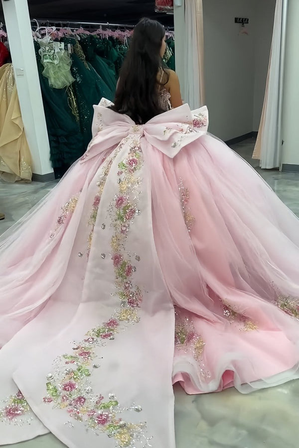 KissProm-Liore Pink Off-The-Shoulder Tulle Appliqued Quinceanera Dress With Bow