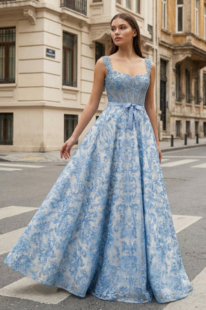 Blue Square Neck A Line Lace Beaded Formal Prom Dresses With Appliques - KissProm