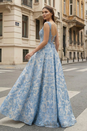 Blue Square Neck A Line Lace Beaded Formal Prom Dresses With Appliques - KissProm