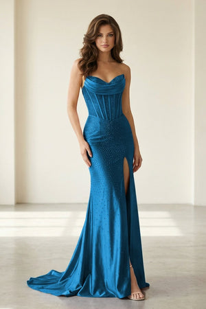 Liorenna | Peacock - Strapless Mermaid Satin Beaded Long Formal Prom Dresses With Slit-KissProm