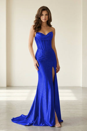 Liorenna | Royal Blue - Strapless Mermaid Satin Beaded Long Formal Prom Dresses With Slit-KissProm