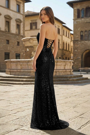 Red Strapless Mermaid Sequins Pleated Formal Prom Dresses With Slit - KissProm