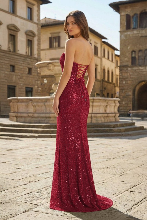Red Strapless Mermaid Sequins Pleated Formal Prom Dresses With Slit - KissProm
