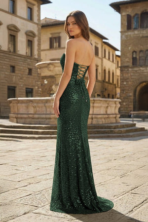 Red Strapless Mermaid Sequins Pleated Formal Prom Dresses With Slit - KissProm