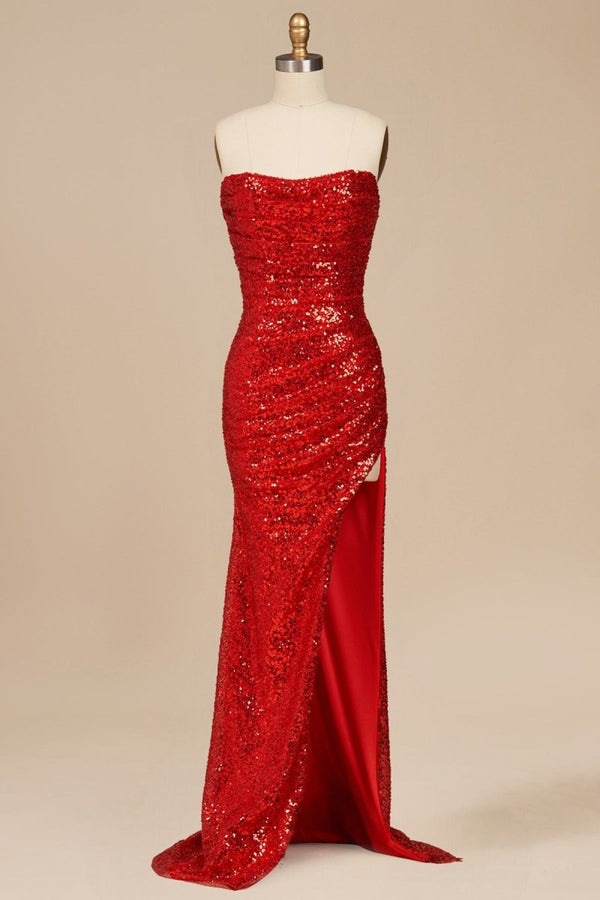Liorina | Red - Strapless Mermaid Sequins Pleated Formal Prom Dresses With Slit - KissProm
