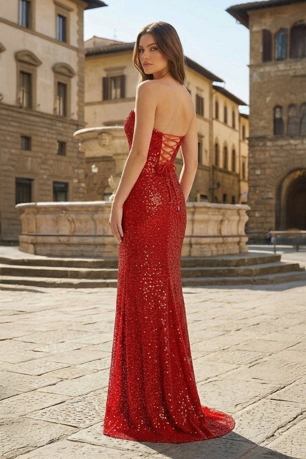 Red Strapless Mermaid Sequins Pleated Formal Prom Dresses With Slit - KissProm