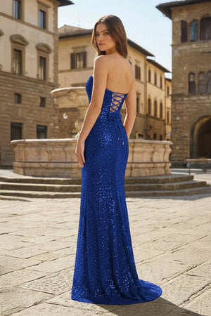 Red Strapless Mermaid Sequins Pleated Formal Prom Dresses With Slit - KissProm
