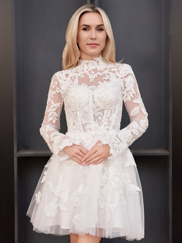 Marilla | Short White A-Line Illusion Neck Long Sleeves Lace Wedding Dresses