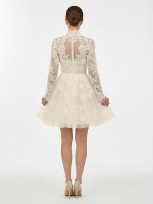 Marilla | Short White A - Line Illusion Neck Long Sleeves Lace Wedding Dresses - KissProm