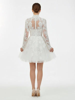 Marilla | Short White A - Line Illusion Neck Long Sleeves Lace Wedding Dresses - KissProm