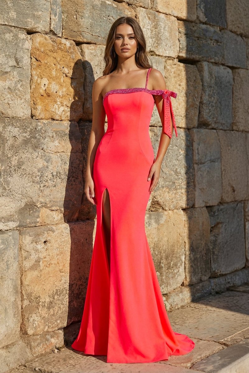 Coral Mermaid One Shoulder Beaded Long Prom Dress with Slit - KissProm