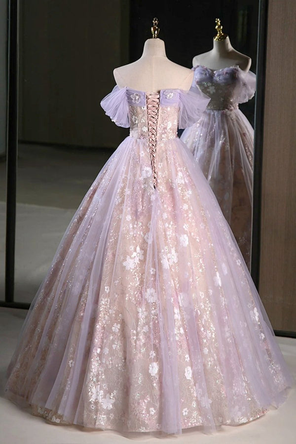 Lilac Off The Shoulder Tulle A Line Prom Dress With Appliques – Prom Dresses by KissProm | Available at KissProm