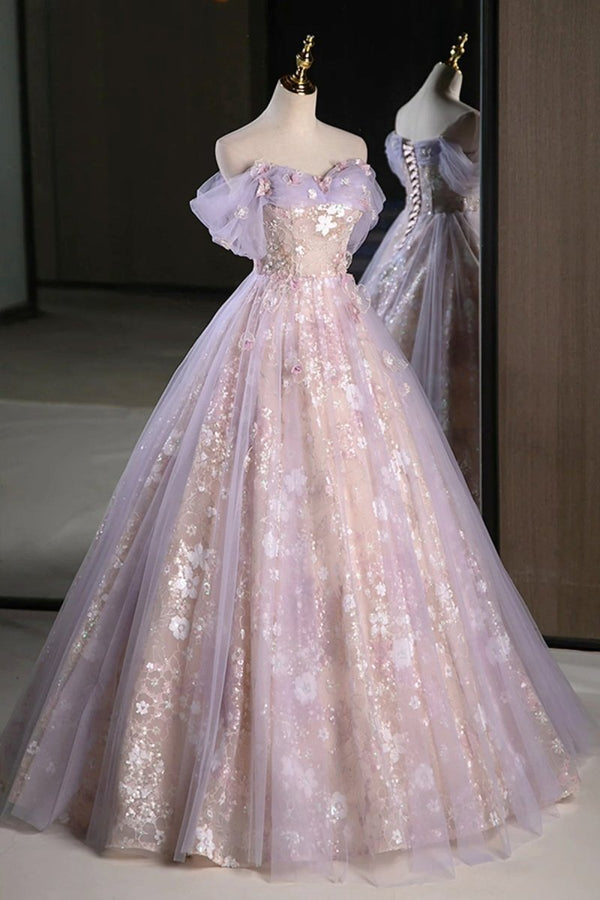 Lilac Off The Shoulder Tulle A Line Prom Dress With Appliques – Prom Dresses by KissProm | Available at KissProm