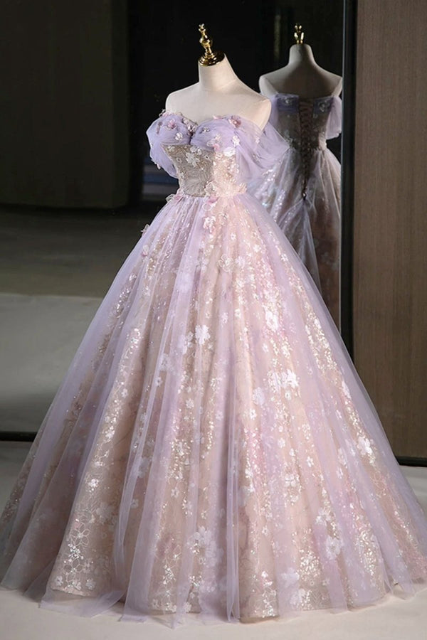 Lilac Off The Shoulder Tulle A Line Prom Dress With Appliques – Prom Dresses by KissProm | Available at KissProm