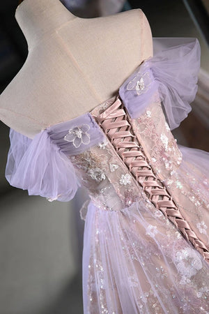 Lilac Off The Shoulder Tulle A Line Prom Dress With Appliques – Prom Dresses by KissProm | Available at KissProm