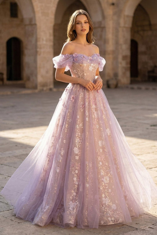 Lilac Off The Shoulder Tulle A Line Prom Dress With Appliques – Prom Dresses by KissProm | Available at KissProm