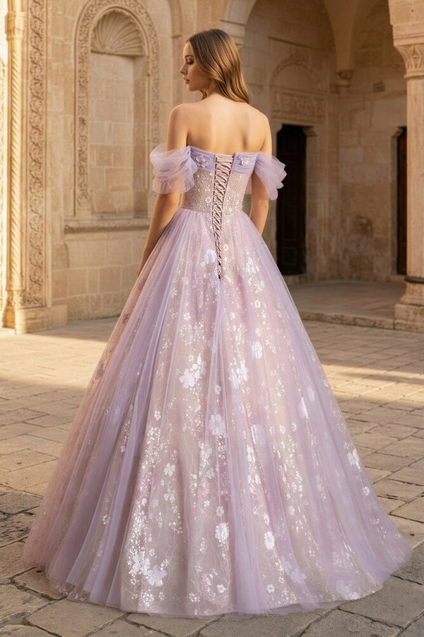 Lilac Off The Shoulder Tulle A Line Prom Dress With Appliques – Prom Dresses by KissProm | Available at KissProm