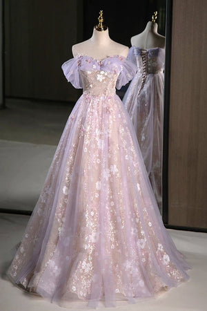 Lilac Off The Shoulder Tulle A Line Prom Dress With Appliques – Prom Dresses by KissProm | Available at KissProm