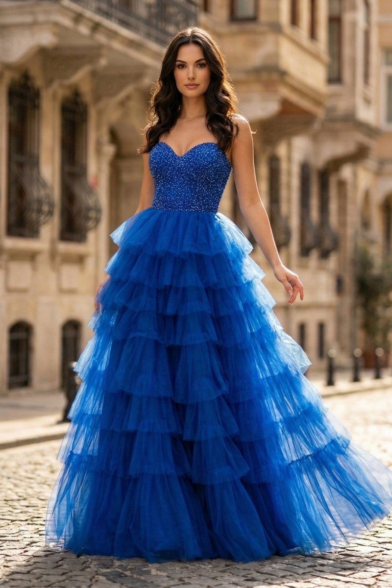 Spaghetti Straps Sweetheart Layered Tulle Formal Prom Dress with Slit - KissProm