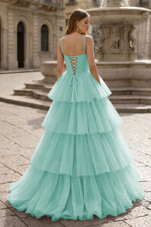 Hot Pink Ball Gown Tiered Tulle Long Prom Dress - KissProm