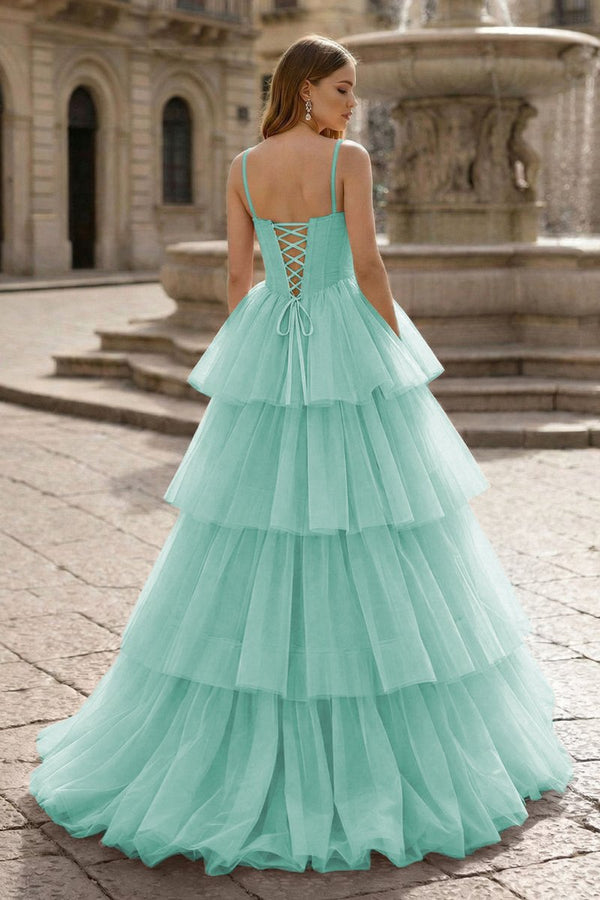 Hot Pink Ball Gown Tiered Tulle Long Prom Dress - KissProm