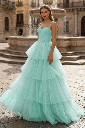 Hot Pink Ball Gown Tiered Tulle Long Prom Dress - KissProm