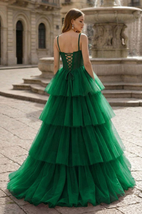 Hot Pink Ball Gown Tiered Tulle Long Prom Dress - KissProm