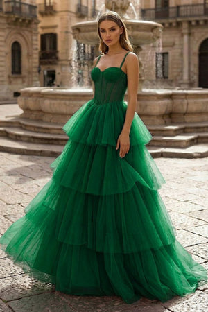 Hot Pink Ball Gown Tiered Tulle Long Prom Dress - KissProm