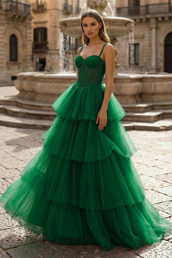 Hot Pink Ball Gown Tiered Tulle Long Prom Dress - KissProm