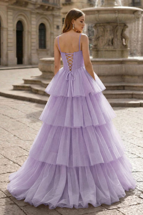 Hot Pink Ball Gown Tiered Tulle Long Prom Dress - KissProm