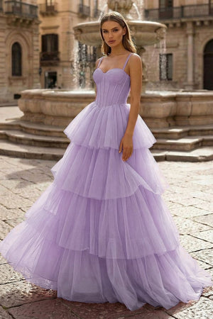Hot Pink Ball Gown Tiered Tulle Long Prom Dress - KissProm
