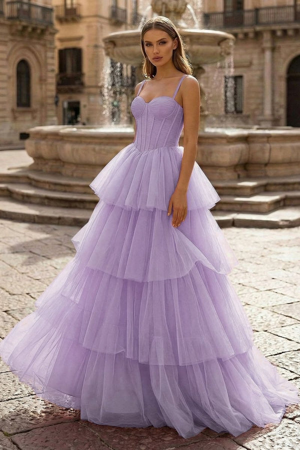 Hot Pink Ball Gown Tiered Tulle Long Prom Dress - KissProm