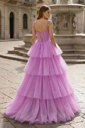 Hot Pink Ball Gown Tiered Tulle Long Prom Dress - KissProm