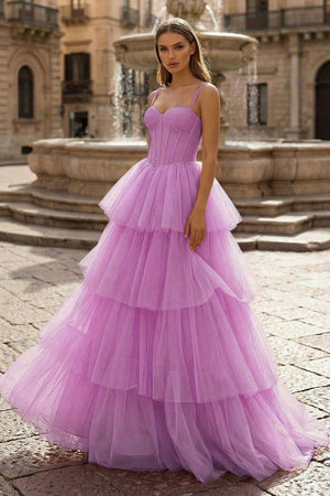 Hot Pink Ball Gown Tiered Tulle Long Prom Dress - KissProm